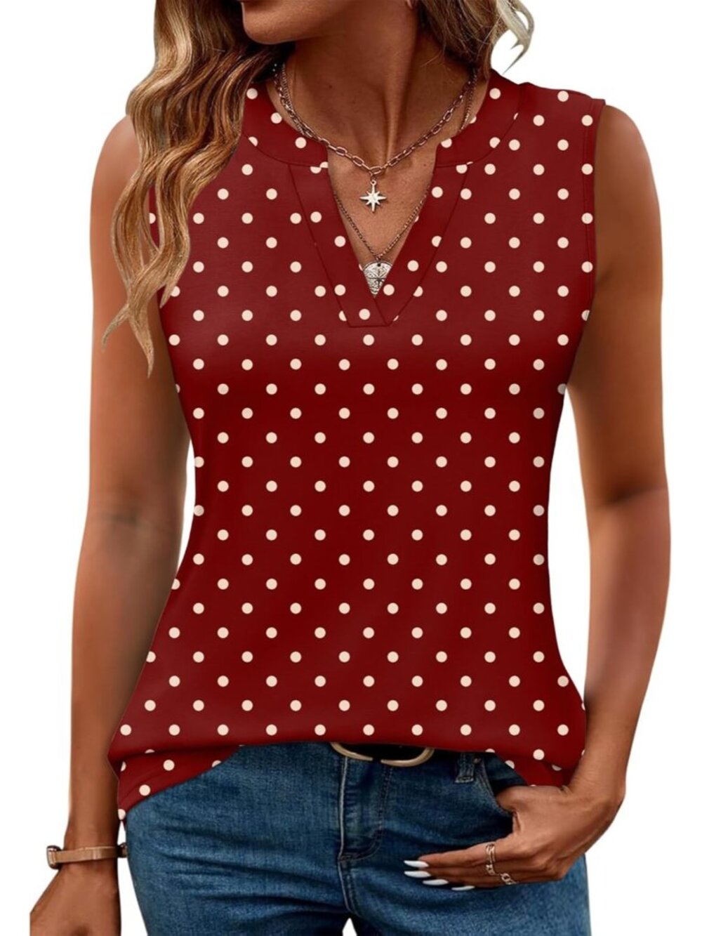 Women's Wine Red Dots Sleeveless V Neck Shirt Blouses Tunic Imported Tank Tops